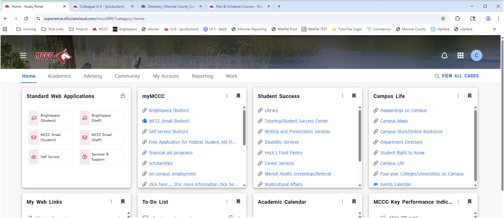 New Husky Portal: MCCC Huskies logo at top, with the following top navigation: Home, Academics, Advising, Community, My Account, Reporting, Work. 4 Boxes cross the middle, including Standard Web Applications (Brightspace for Students, Brightspace for Staff, MCCC Email for Students, MCCC Email for Staff, Self Service, Services and Support), myMCCC (Brightspace, MCCC email, Self-Service, FAFSA, Financial Aid Programs, Scholarships, On-campus Employment, Click for more info), Student Success (Library, Tutoring/Student Success Center, Writing and Presentation Services, Disability Services, Heck's Food Pantry, Career Services, Mental Health, Multicultural Affairs), Campus Life (Happenings Newsletter, Campus Maps, Campus Store/Online Bookstore), Department Directory, Student Right to Know, Campus Life, Four-year Colleges/Universities on Campus, Events Calendar). There are for more boxes below but only the headers are visible: My Web Links, To-Do List, Academic calendar, MCCC Key Performance Indicators