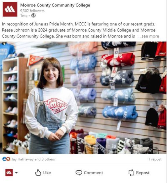 Facebook post about MCCC's Reese Johnson's Ally Presentation; Reese is pictures standing in the bookstore