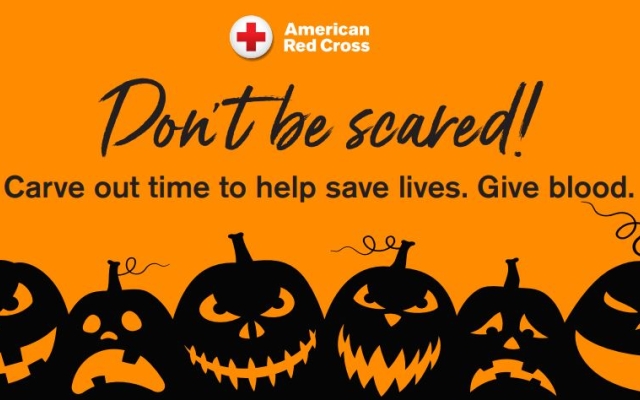 Don't Be Scared Halloween Blood Drive graphic with Jack O Lanterns