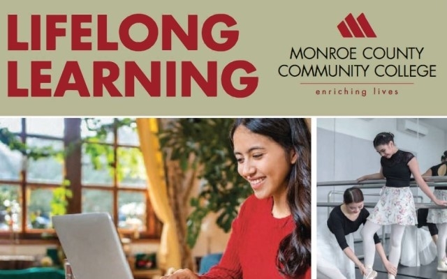 Lifelong Learning text, MCCC Logo, woman at computer, two dancers